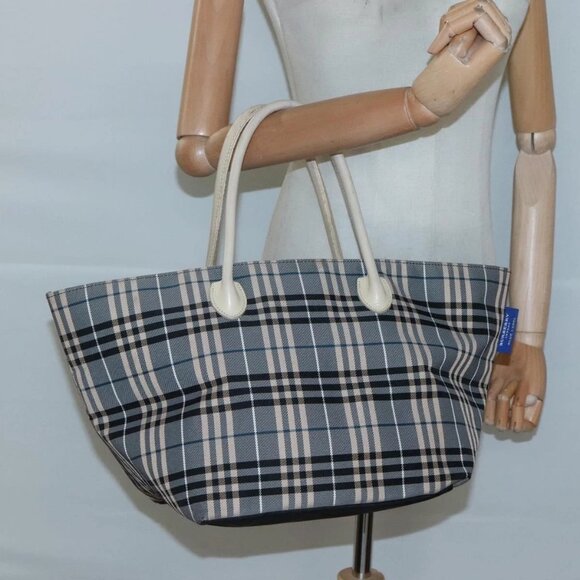 BURBERRY Nova Check Blue Label Hand Bag Nylon Gray Silver Auth - Picture 1 of 16